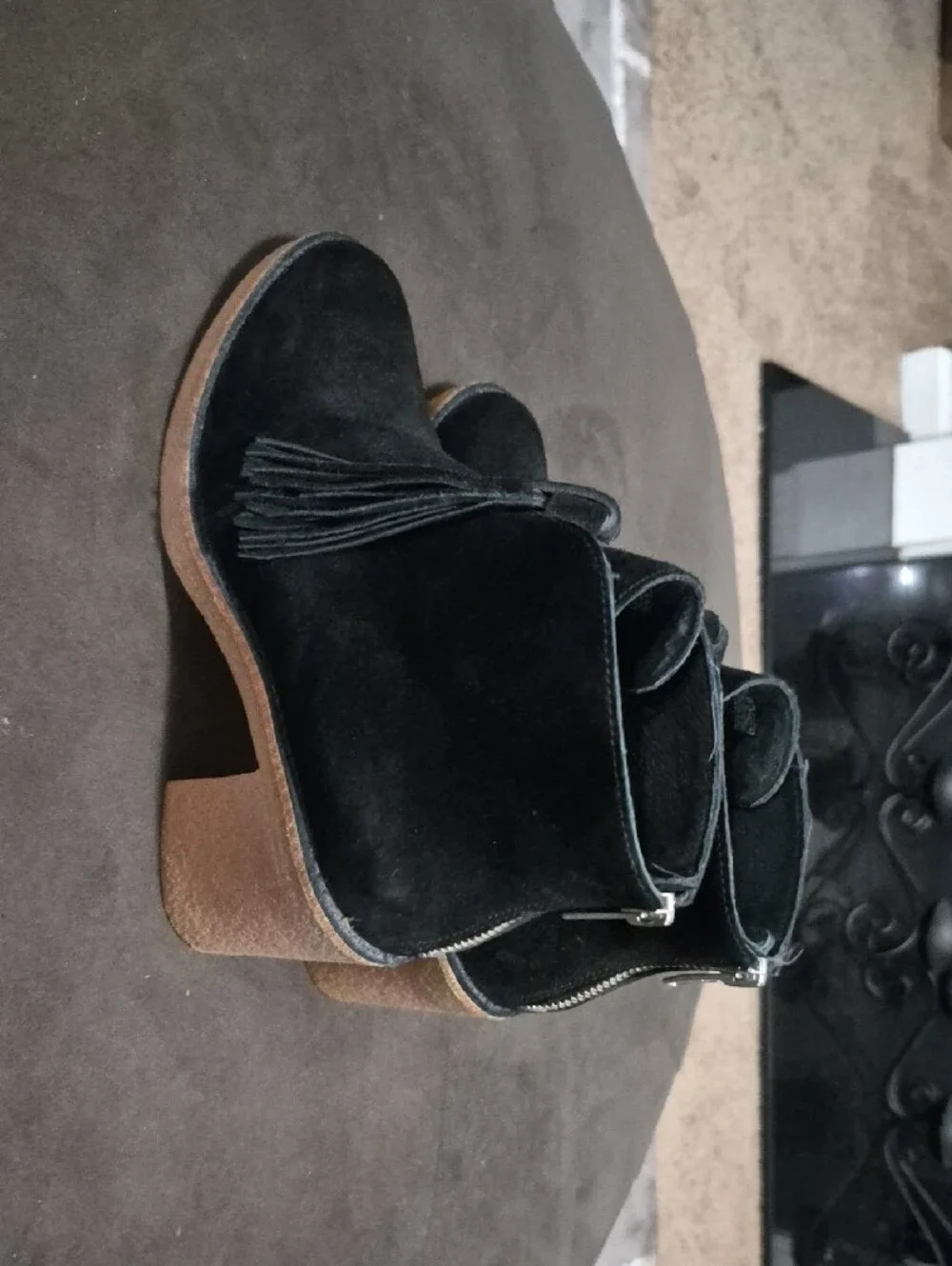 Black Suede Ankle Boots with Tassel Detail - Women